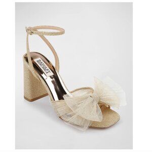 Badgley Mischka Gold Glitter Tulle "Tess" Bow Block Heel Sandals